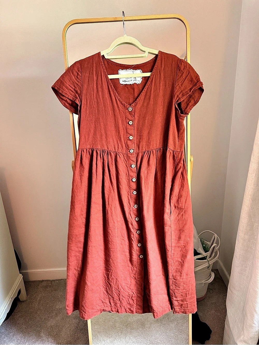 Perfect Linen burnt orange Button Front Midi Dress